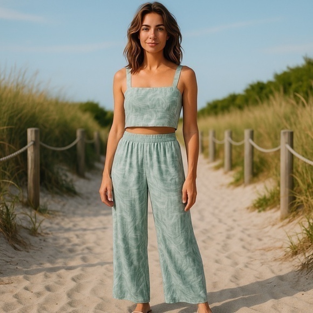 Audrey 3+1 Matching Crop Top and High Waist Pants Size Small Wide Leg Palm Print